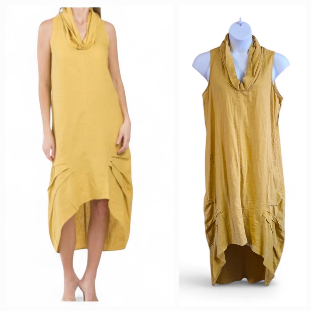 FOR CYNTHIA Rowley Linen Viscose Dress Mustard Yellow Sleeveless Lagenlook Sz XL